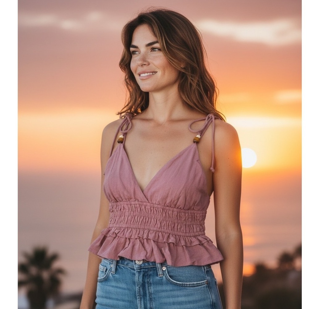 Sim & Sam Mauve Clay Linen Blend Smocked Ruffled Peplum Cami Top Western Boho XL